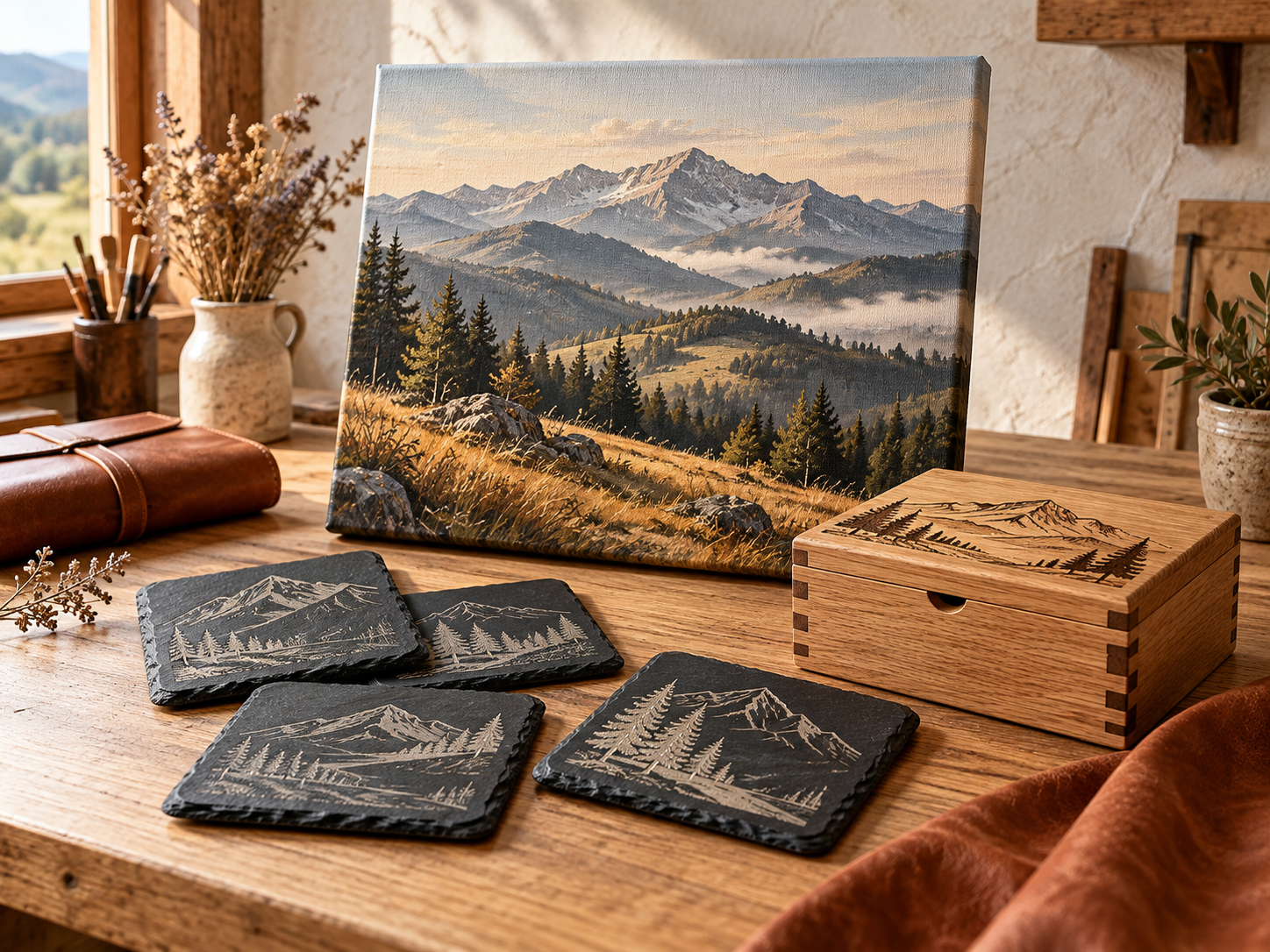 Tablou canvas, obiecte din lemn și suporturi din ardezie într-un atelier cald